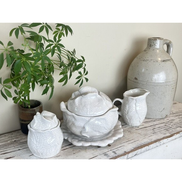 Vintage Set Of White Crackled Crazed Cabbage Leaf: Tureen, Creamer & Sugar Bowl - Picture 2 of 10
